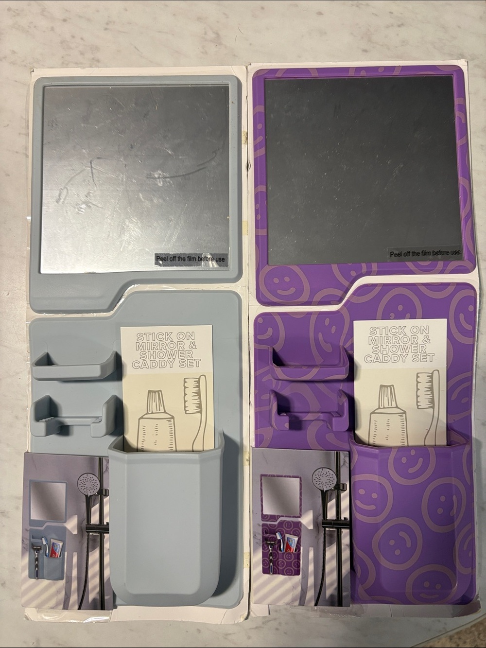 Purple Smiley  and blue Stick-On Mirror & Shower Caddy